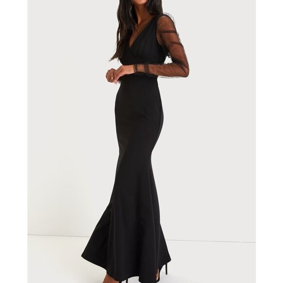 Lulus NWT Red Carpet Energy Black Tulle Long Sleeve Mermaid Maxi Dress Small - Picture 2 of 11